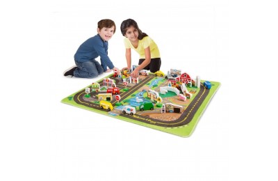 Limited Sale Melissa & Doug Deluxe Activity Road Rug Play Set with 49pc Wooden Vehicles and Play