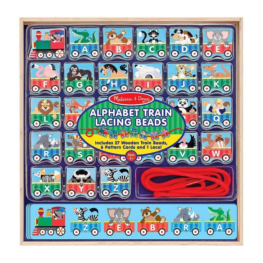 Sale Melissa & Doug Alphabet Train Lacing Beads - 27 Wooden Train Beads, 6 Pattern Cards, and 1 Lace