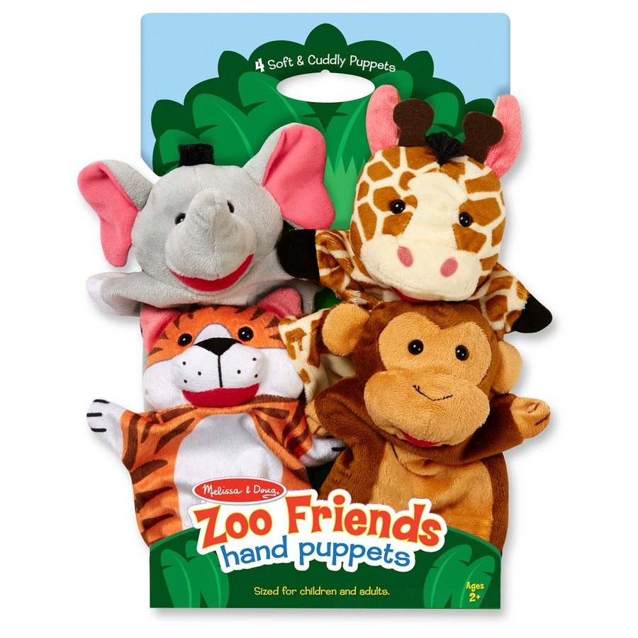 Sale Melissa & Doug Zoo Friends Hand Puppets (Set of 4) - Elephant, Giraffe, Tiger, and Monkey