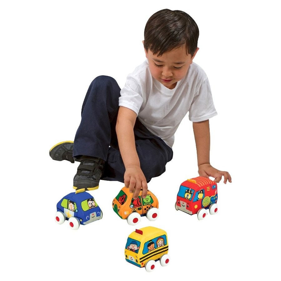 Sale Melissa & Doug K's Kids Pull-Back Vehicle Set - Soft Baby Toy Set With 4 Cars and Trucks and Carrying Case