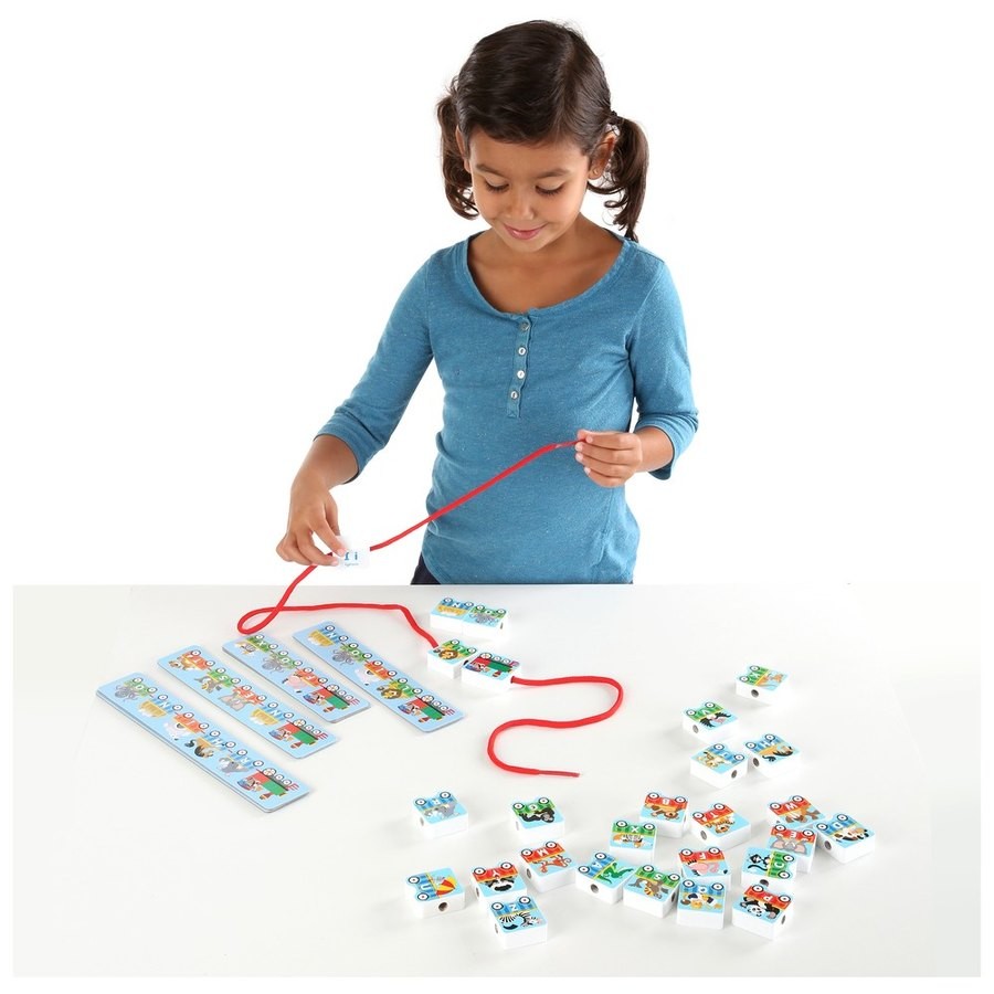 Sale Melissa & Doug Alphabet Train Lacing Beads - 27 Wooden Train Beads, 6 Pattern Cards, and 1 Lace