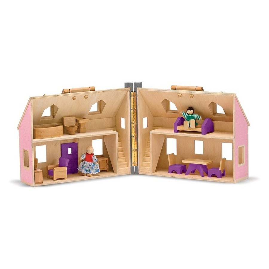 Outlet Melissa & Doug Fold and Go Wooden Dollhouse With 2 Dolls and Wooden Furniture
