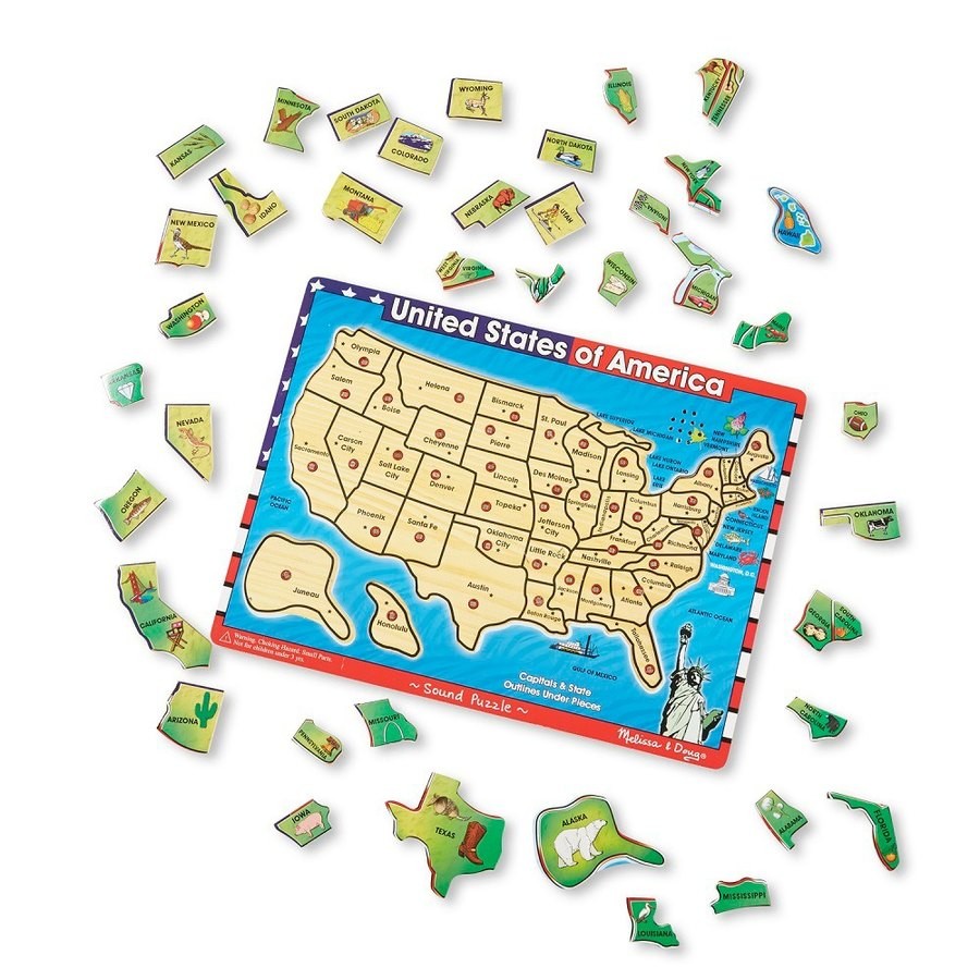 Outlet Melissa & Doug USA Map Sound Puzzle - Wooden Peg Puzzle With Sound Effects (40pc)