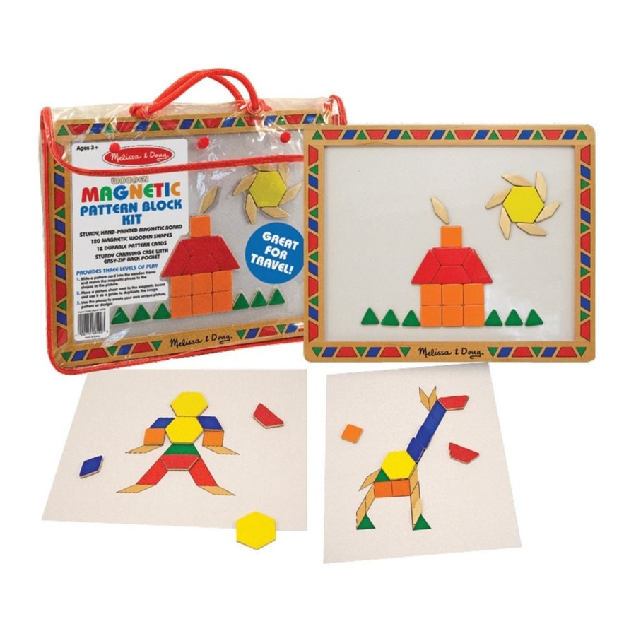 Discounted Melissa & Doug Deluxe Wooden Magnetic Pattern Blocks Set - Educational Toy With 120 Magnets and Carrying Case