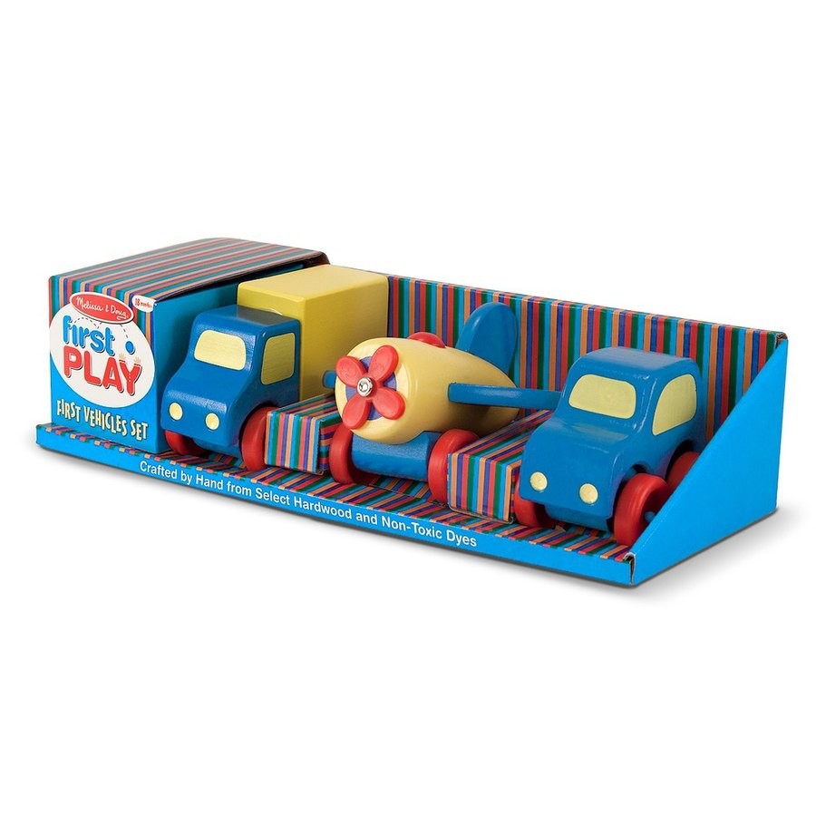 Discounted Melissa & Doug Deluxe Wooden First Vehicles Set With Truck, Car, and Airplane