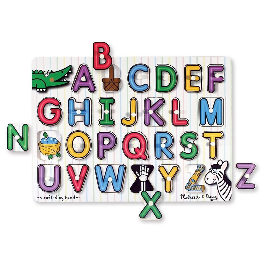 Discounted Melissa & Doug Wooden Peg Puzzles Set - Alphabet, Numbers, and Vehicles 44pc
