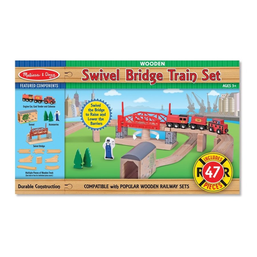Discounted Melissa & Doug Swivel Bridge Wooden Train Set (47pc)