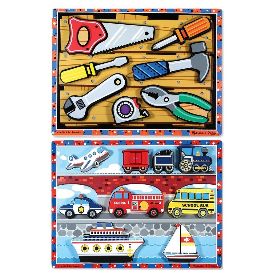 Discounted Melissa & Doug Doug Vehicles and Tools Wooden Chunky Puzzle Bundle 2pc