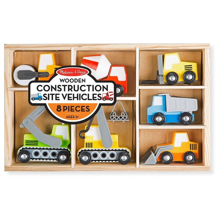 Discounted Melissa & Doug Wooden Construction Site Vehicles With Wooden Storage Tray (8pc)