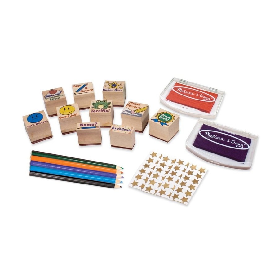 Limited Sale Melissa & Doug Wooden Classroom Stamp Set With 10 Stamps, 5 Colored Pencils, 4 Sticker Sheets, and 2-Colored Stamp Pad