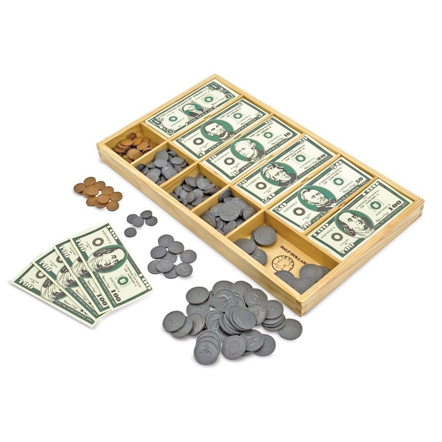 Limited Sale Melissa & Doug Play Money Set - Educational Toy With Paper Bills and Plastic Coins (50 of each denomination) and Wooden Cash Drawer for Storage