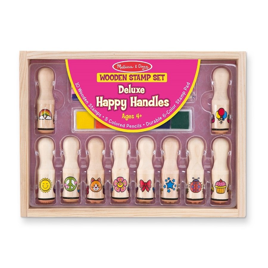 Melissa & Doug Deluxe Happy Handle Stamp Set With 10 Stamps, 5 Colored  Pencils, and 6-Color Washable Ink Pad