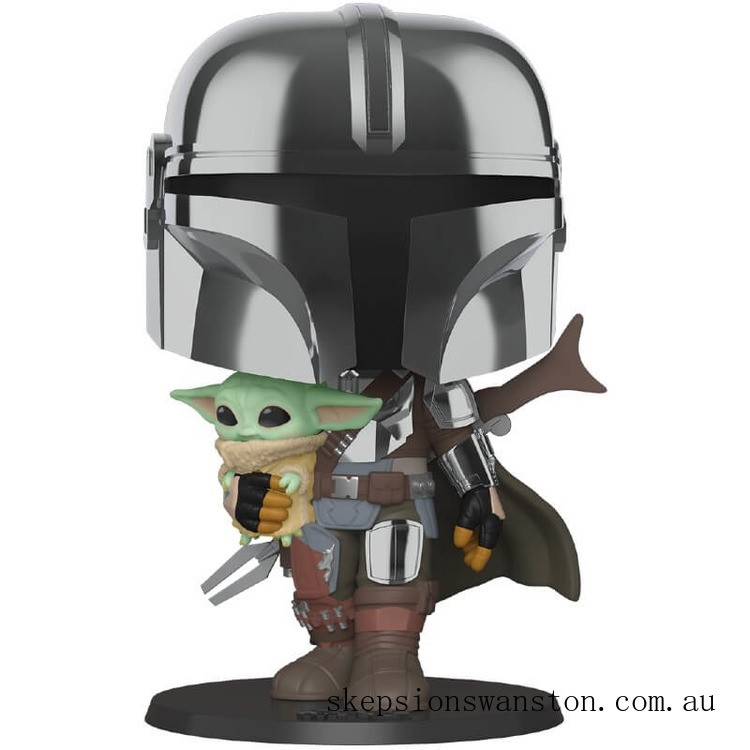 Limited Only Star Wars The Mandalorian with Chrome Armour Carrying Baby Yoda 10-Inch Funko Pop! Vinyl