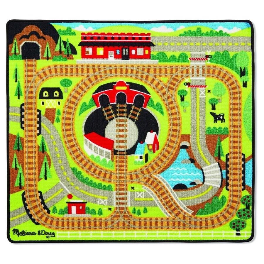Sale Melissa & Doug Round the Rails Train Rug With 3 Linking Wooden Train Cars (39 x 36 inches)